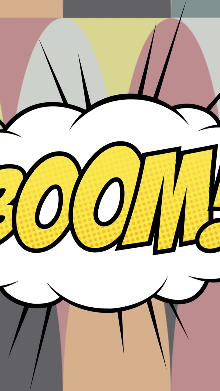 Animazione digitale di "boom" in una nuvoletta di dialogo retrò, con forme astratte e colorate sullo sfondo.