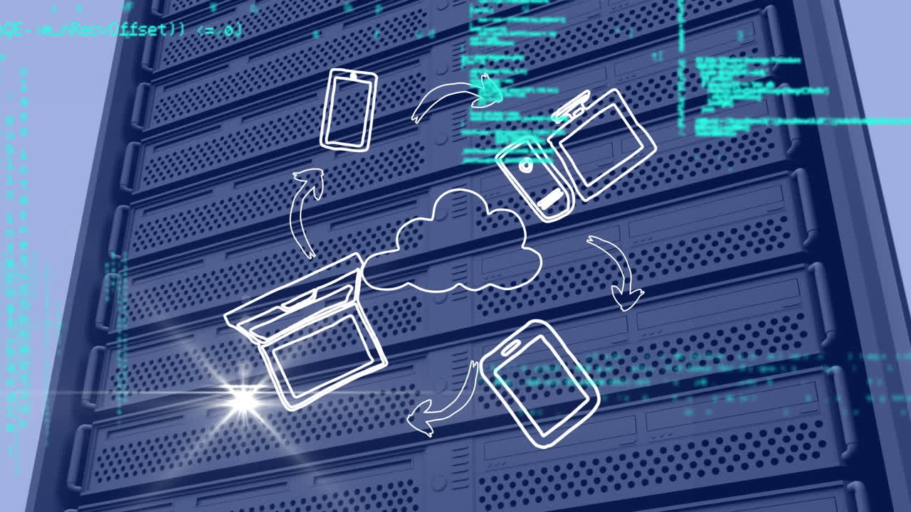 아이콘 네트워크의 애니메이션과 컴퓨터 서버를 통한 데이터 처리