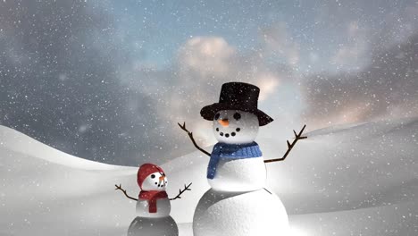 Animación-De-Nieve-Cayendo-Sobre-Muñecos-De-Nieve-Sonrientes-En-Un-Paisaje-Invernal.
