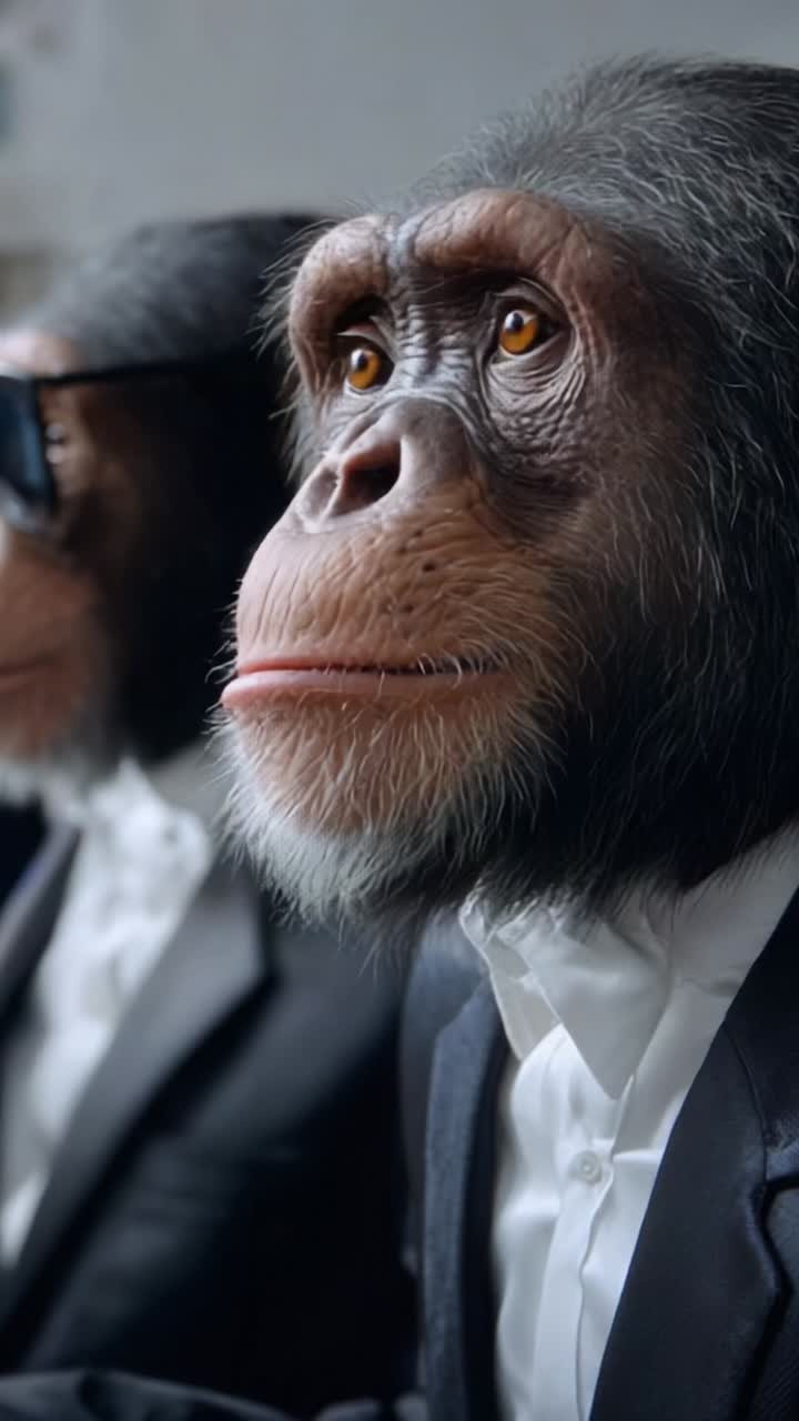 Stilfulde aber i jakkesæt: Et fængslende kig på to unikke chimpanser, der fremviser deres smarte outfits i en legende opsætning
