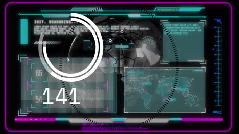 Digital interface with world maps and data processing animation over global network