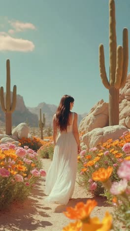 woman in a white dress walking through a desert garden