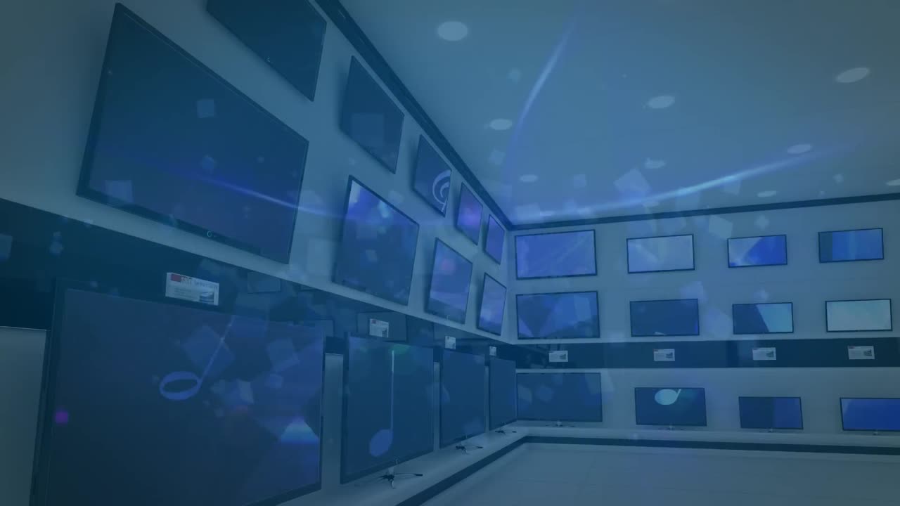 Negozio di elettronica con video sincronizzato in riproduzione sugli schermi di più televisori