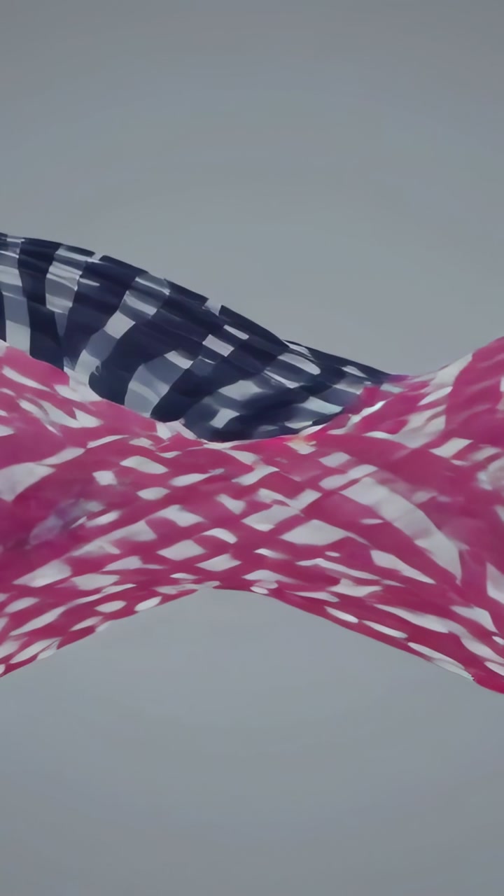 Vertical video: Flowing sheer striped scarves moving from off-frame across grey set, forming moire