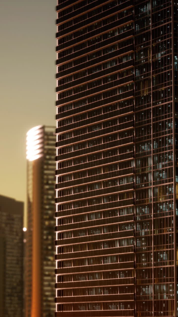 un rascacielos alto en una ciudad al atardecer