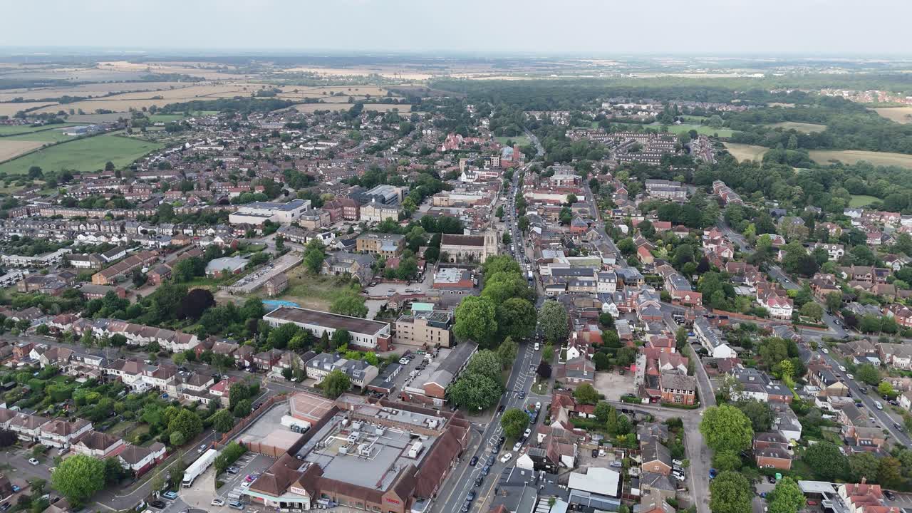 Epping Town centre Essex UK summer , establishing aerial shot