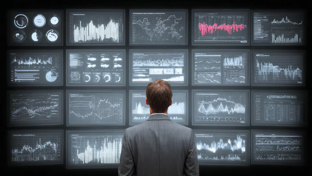 A Business Professional Analyzing Comprehensive Data Visualizations on a High-Tech Display, Assessing Insights to Drive Strategic Decisions