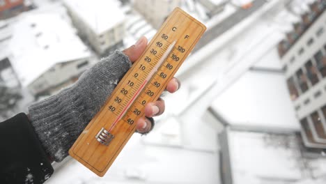 hand holding a thermometer in snowy weather