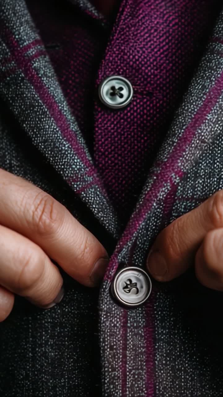A Close-Up of a Tailored Suit Jacket Being Buttoned, Highlighting the Intricate Fabric and Stylish Design Choices for a Refined Look in Men's Fashion