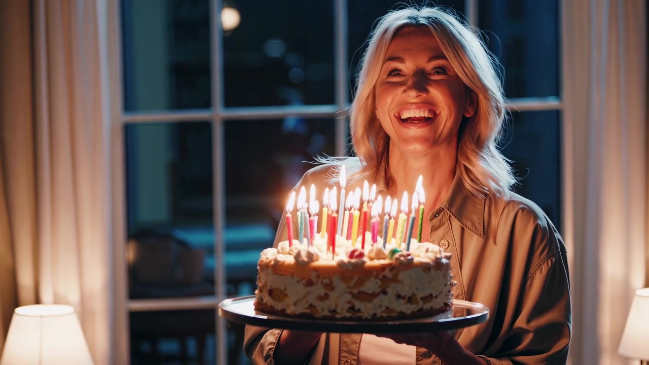 Donna bionda felice che spegne le candeline su una torta di compleanno