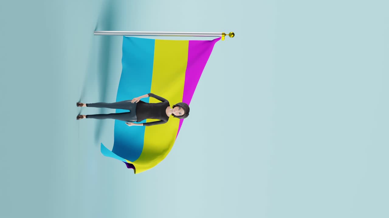 video vertical de una mujer animada de pie y agitando frente a la bandera del orgullo pansexual con un fondo azul