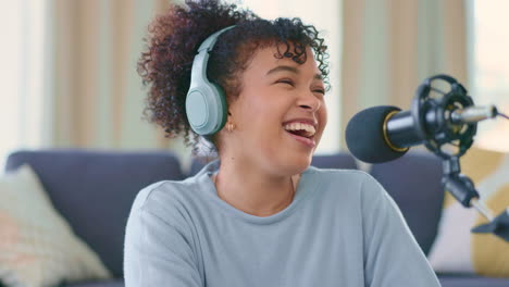 cheerful woman recording a podcast while wearing