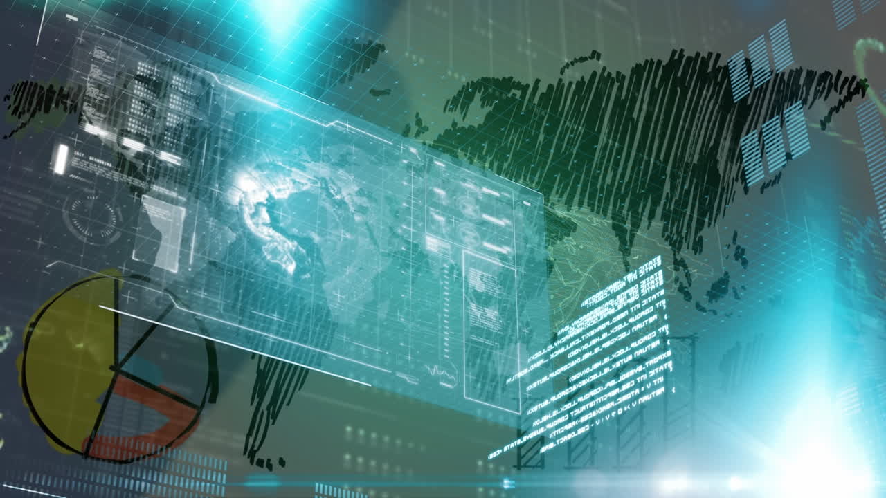 Animation of data processing on screens over world map and pie chart