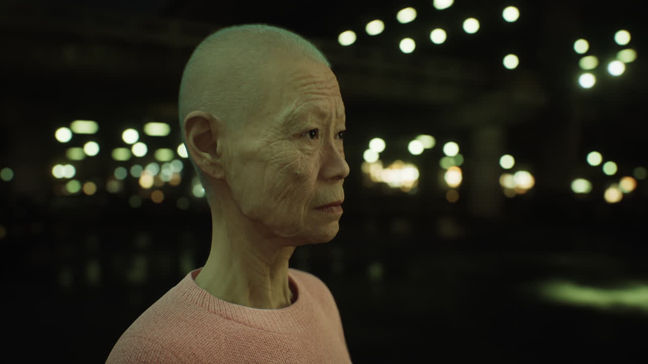 밤에 도시에 있는  ⁇ 은 아시아 여인