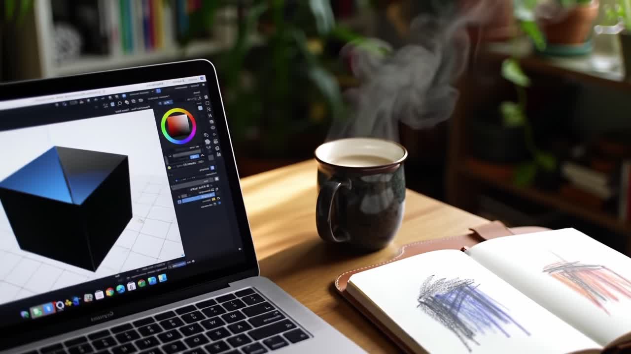 A Creative Workspace with a Laptop Displaying Digital Art, a Sketchbook, and a Warm Beverage, Inviting Inspiration in a Cozy Environment