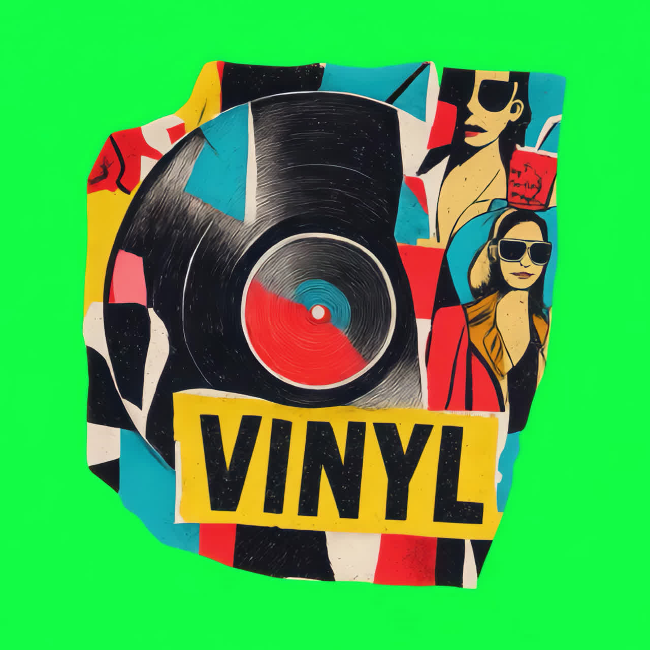 Retro vinyl collage animation isolated asset, transparent 4K video, alpha channel, ProRes 4444