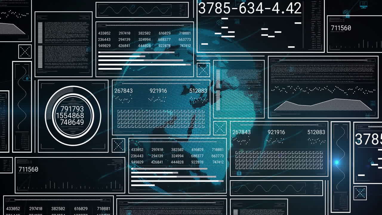 Holographic globe being projected in futuristic dashboard, displaying transparent panels and charts