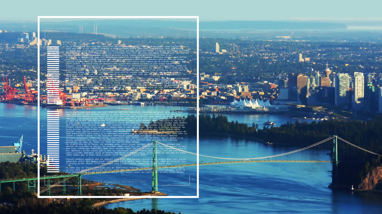 Cityscape with bridge and water, data processing animation over urban landscape