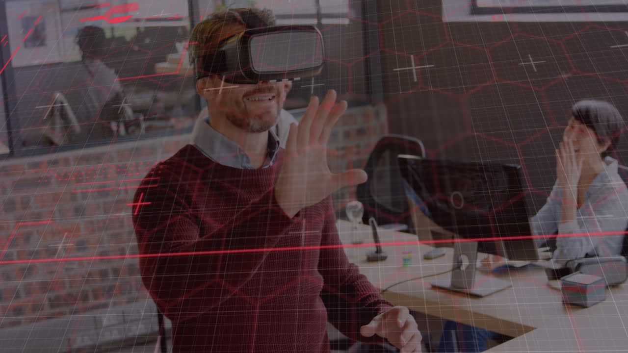 Hexagonal shapes and data processing against caucasian man wearing vr headset at office