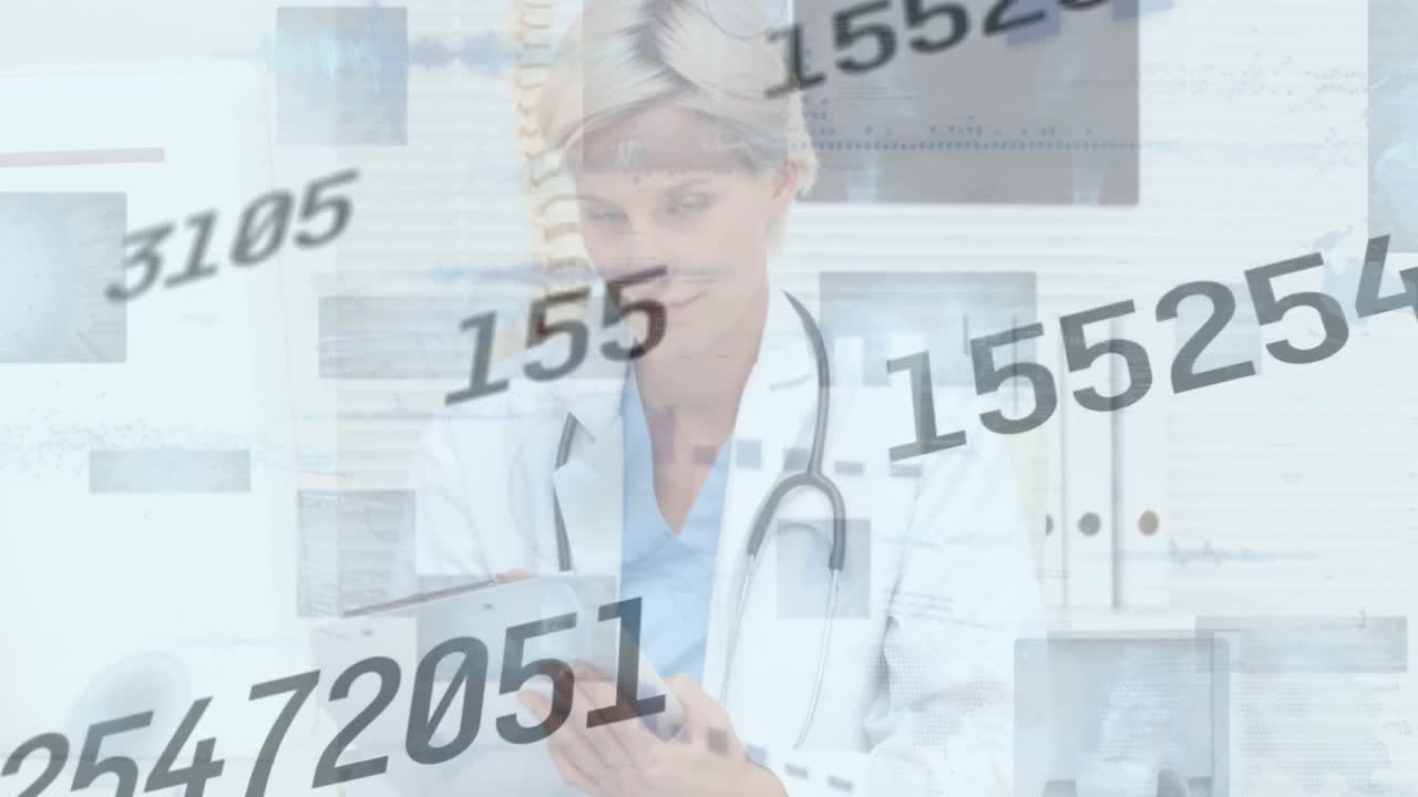 animación de procesamiento de números y estadísticas sobre una doctora con estetoscopio