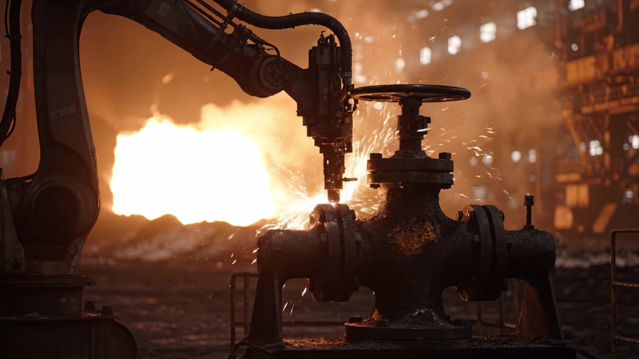 Scena industriale con braccio robotico e valvola davanti a una reazione di metallo fuso in un ambiente di fabbrica, che evidenzia i progressi manifatturieri e tecnologici.