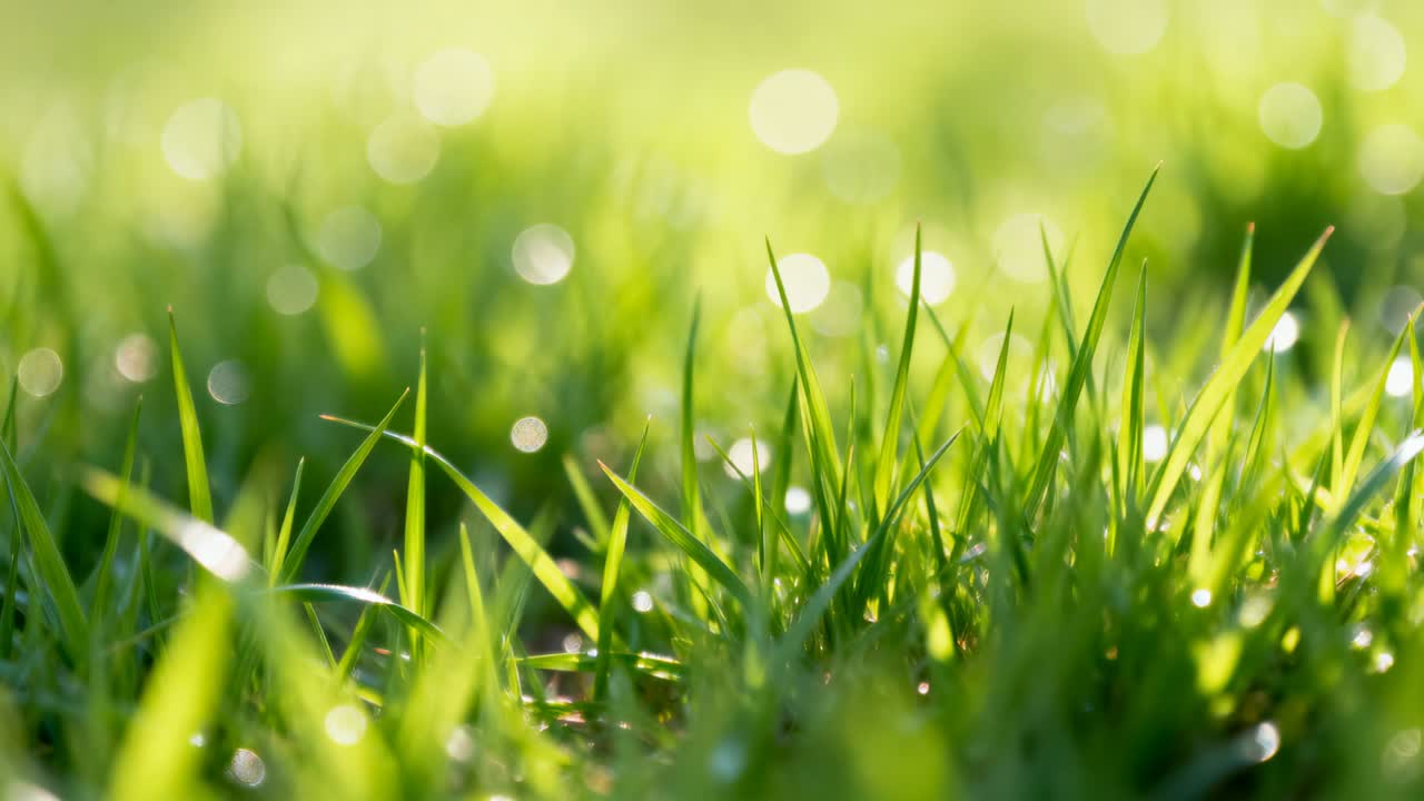 La telecamera si sposta e la brezza evidenzia nitidamente i fili d'erba sul prato, con bokeh di rugiada.