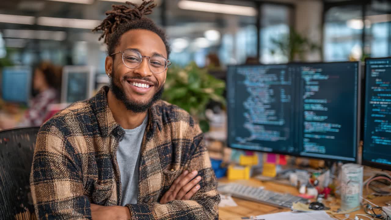 A Confident Programmer Smiling at His Desk in a Modern Tech Office, Surrounded by Computer Screens with Code and a Vibrant Work Environment