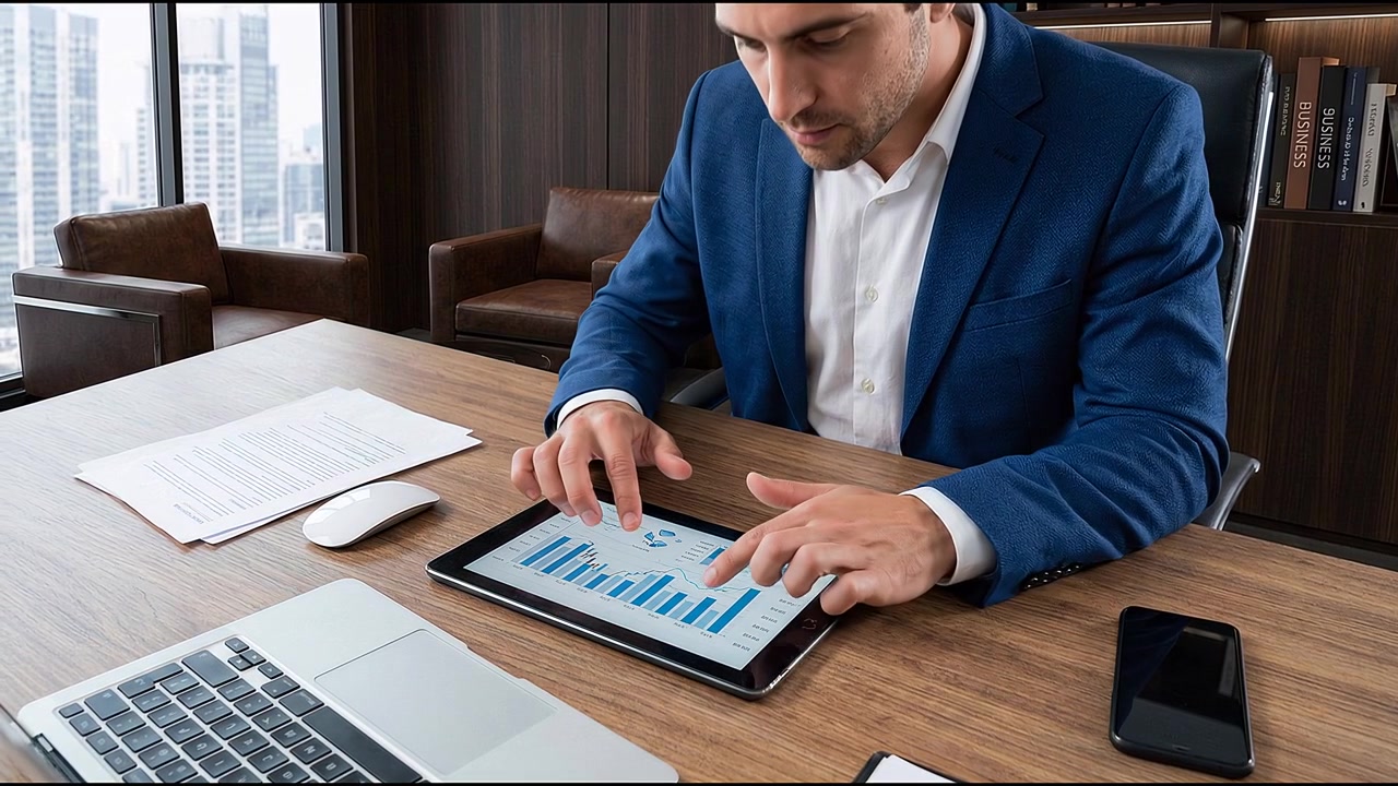Uomo d'affari che usa un tablet analizzando grafici finanziari sulla scrivania con laptop e documenti.
