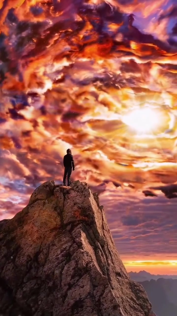 Uomo in piedi sulla vetta di una montagna con un drammatico cielo al tramonto