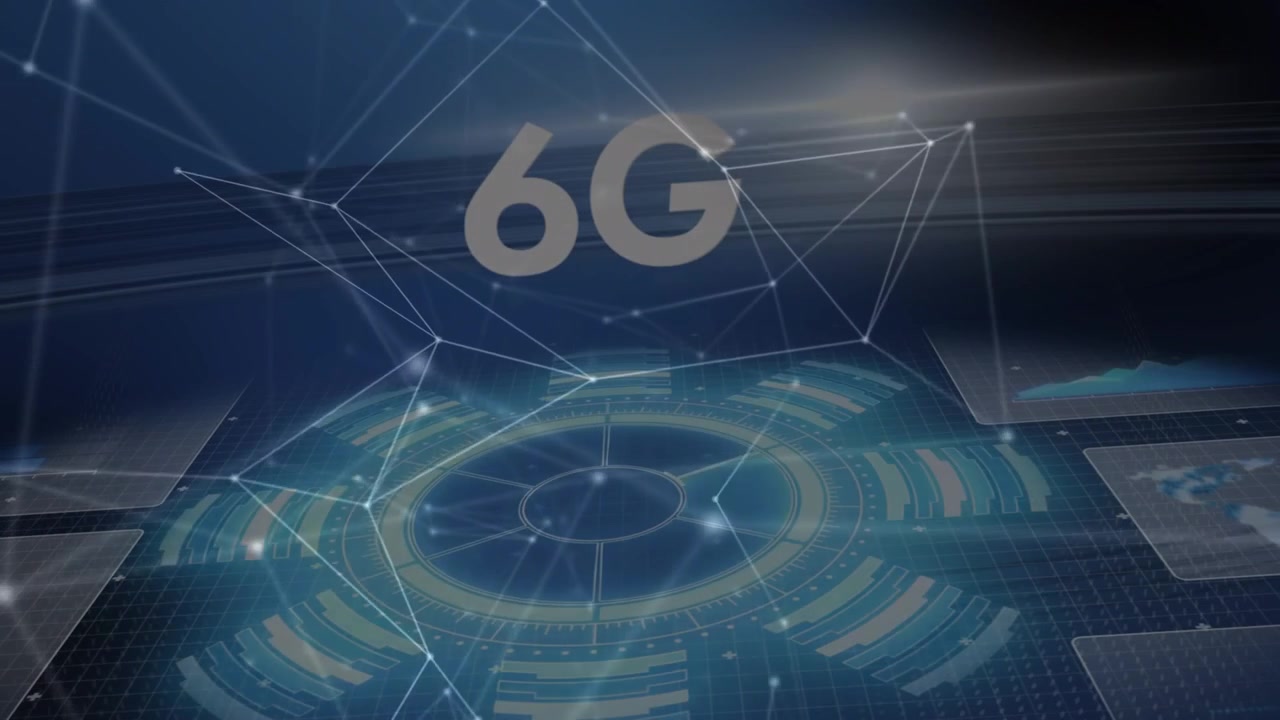Digitaalinen 6G-verkkoteknologian konsepti abstraktilla datan visualisoinnilla.