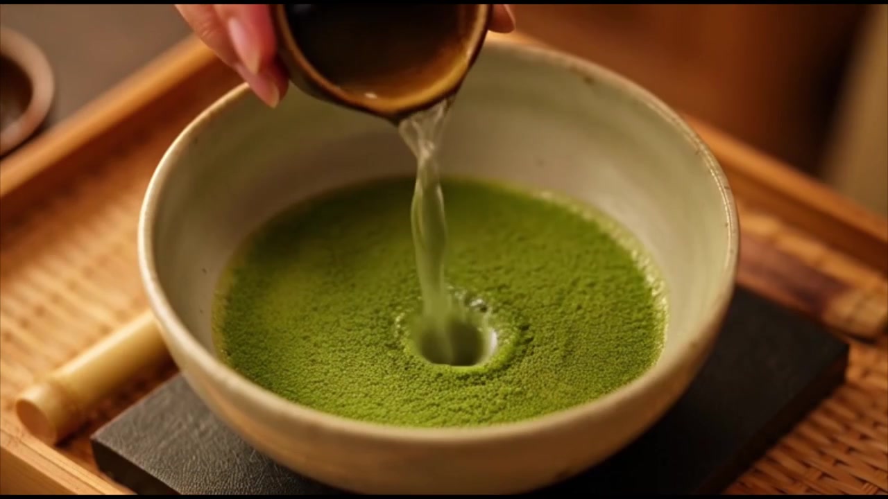 Preparando chá Matcha japonês tradicional com batedor de bambu.