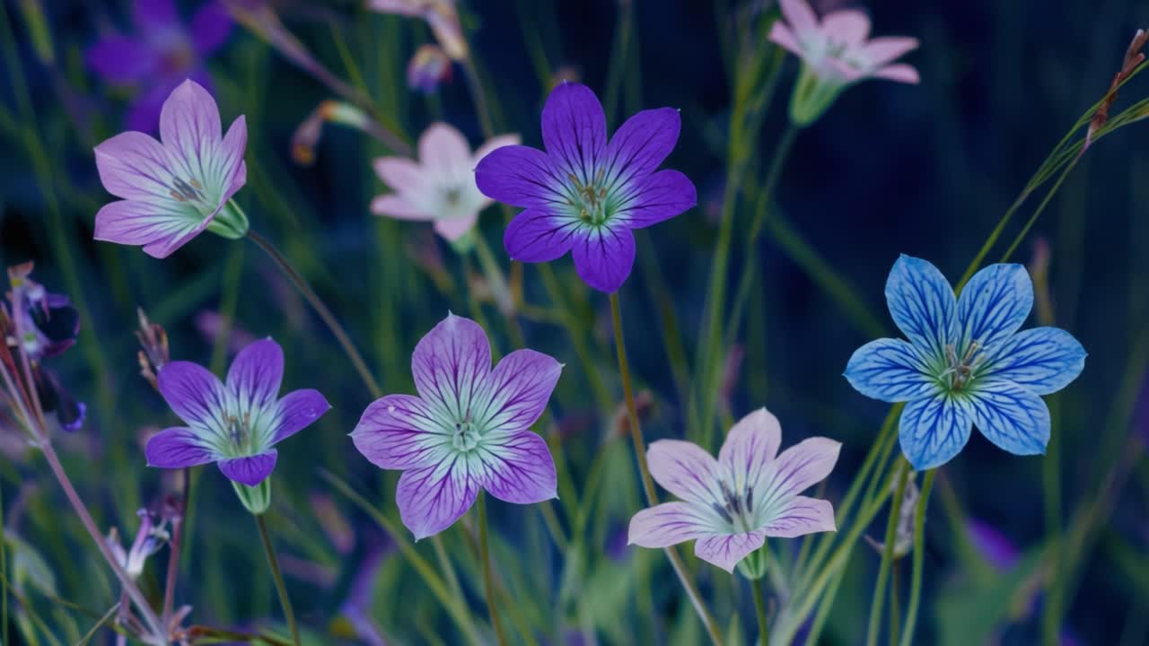 A vibrant display of colorful flowers showcasing various shades of purple and blue, set against a lush green backdrop that highlights their delicate beauty and intricate patterns