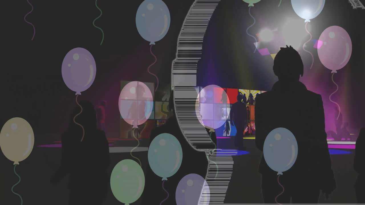 Dancing silhouettes with colorful balloons and vibrant lights at party animation