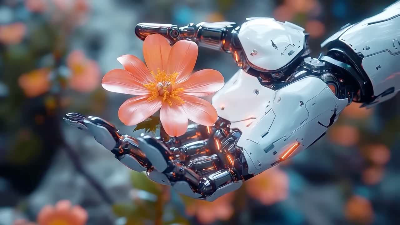 Robot hand holding a flower