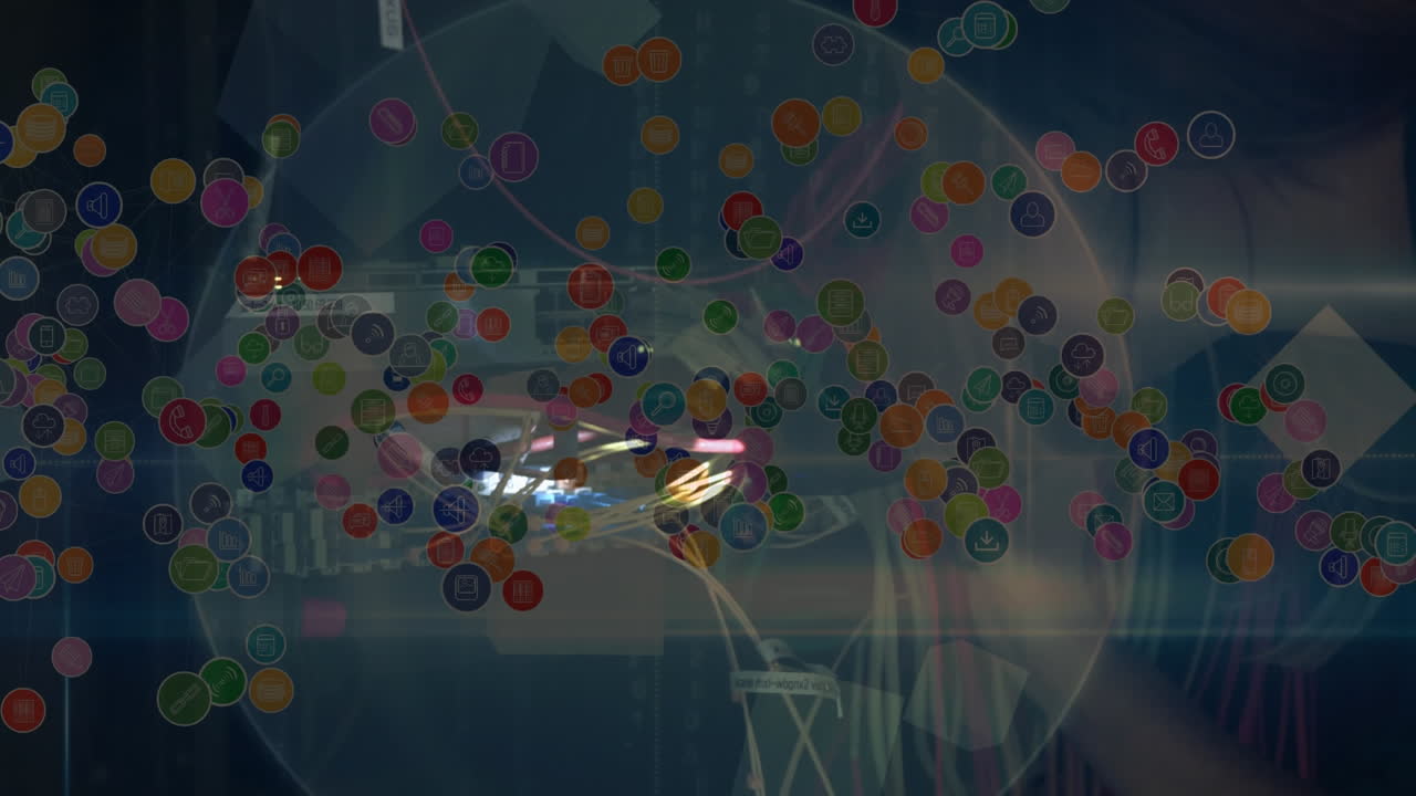 Animation of digital icons over woman fixing computer server in background