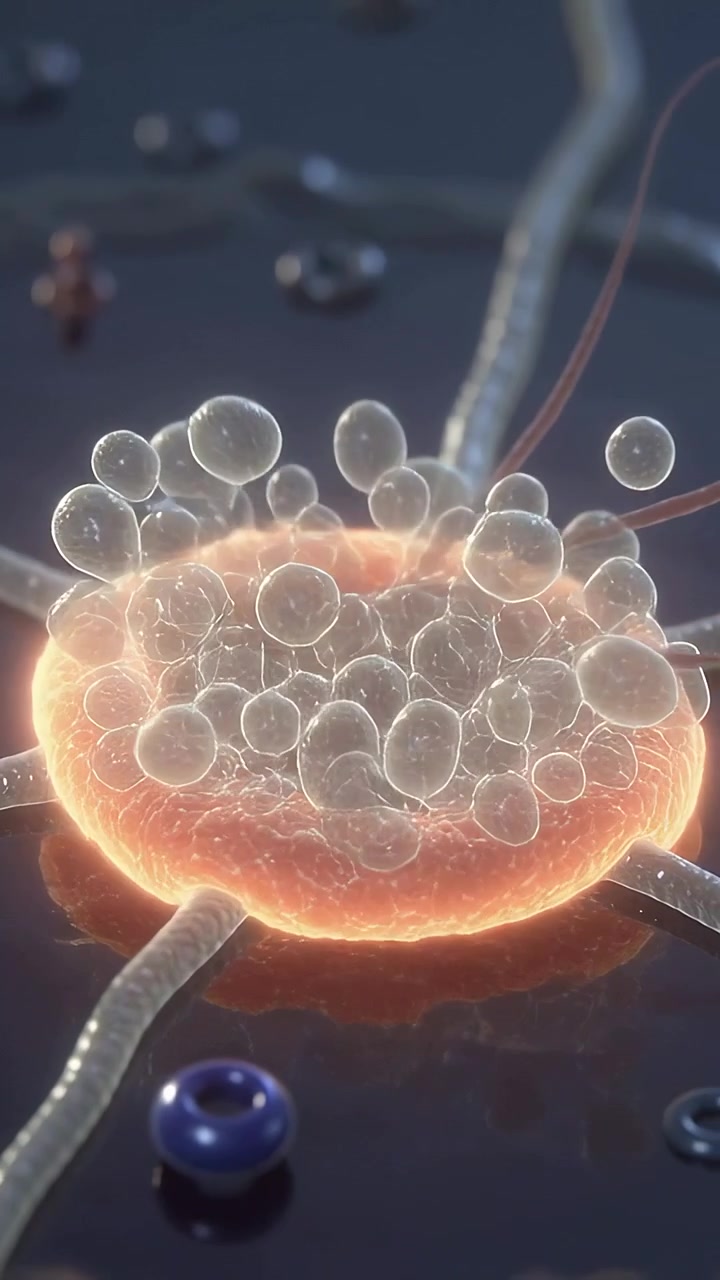 Video verticale: estensione di fibre che spingono sfere in una tazza circolare in una micro vista, causando un bagliore sul bordo