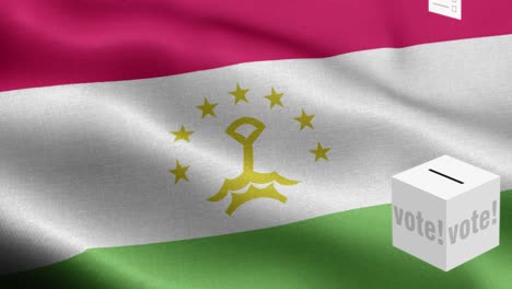 las papeletas de votación vuelan a la caja para la selección de tayikistán - caja de votación frente a la bandera - elección - voto - bandera de tayikistan - bandera de tajikistán alto detalle - bandera nacional de tajikistan patrón de ondas elementos en bucle - textura de tela y bucle sin fin