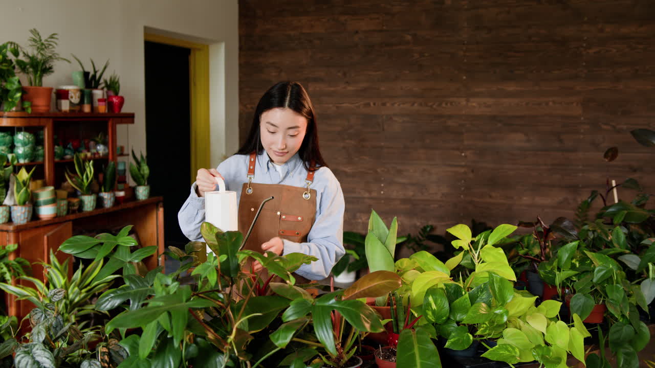 식물 가게 에서 옥상 식물 에 물 을 주고 있는 여자
