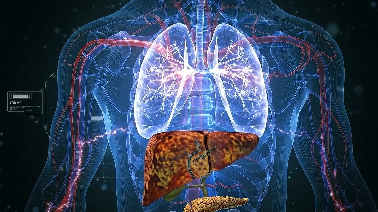 Human Respiratory and Digestive System Anatomy Visualization with Glowing Internal Organs