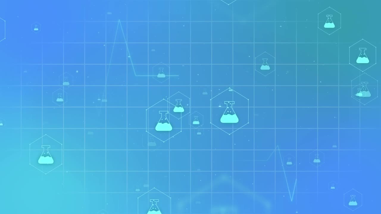 의료 아이콘의 애니메이션과 파란색 배경의 그리드 상의 데이터 처리