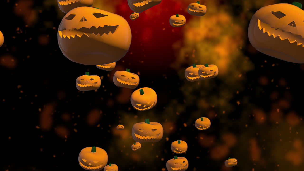 Falling orange 3D pumpkins for Halloween. Looped autumn holiday animation on dark spooky background.