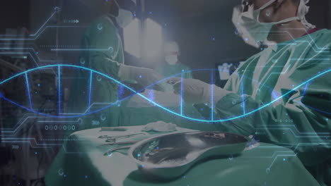 Animation-of-dna-strand-over-diverse-surgeons-in-hospital