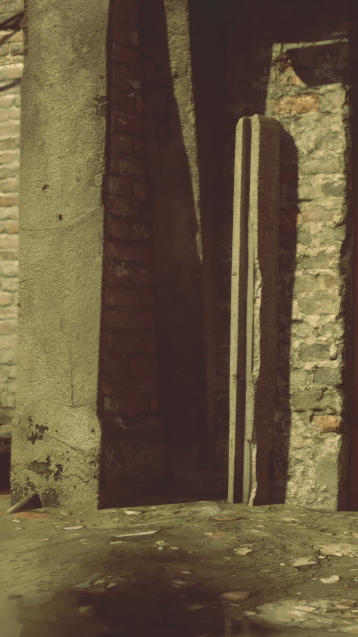Vecchio muro con ombra e mattoni vicino all'angolo in una zona deserta.