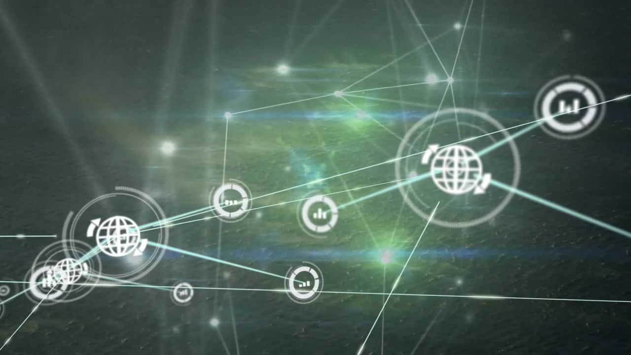 Animazione di rete di connessioni con icone su mappamondo