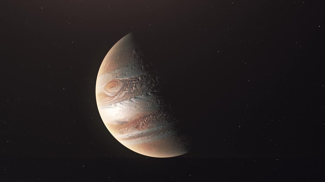 Half Lit Face Of Planet Jupiter Moving On The Outerspace