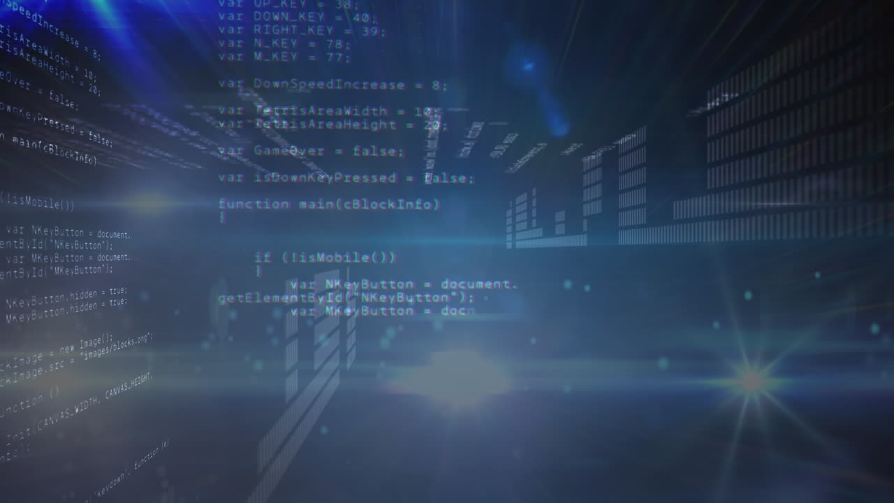 animación del procesamiento de datos y codificación binaria sobre fondo azul