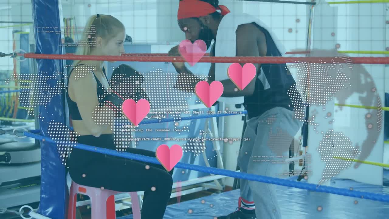 animación de corazones flotando sobre diversas mujeres y hombres boxeadores en el ring
