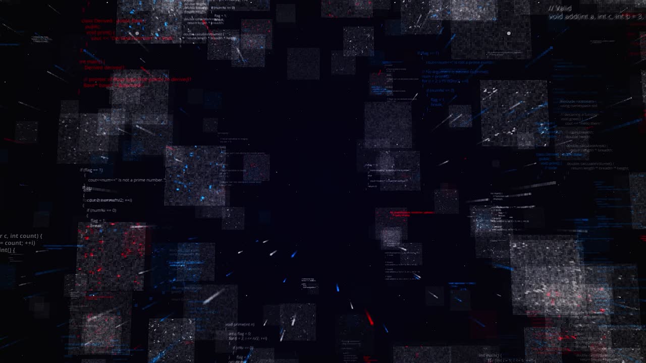 Digital program codes moving asymmetrically on a dark screen. Animation. Visualization of the neural network consuming information and learning, seamless loop