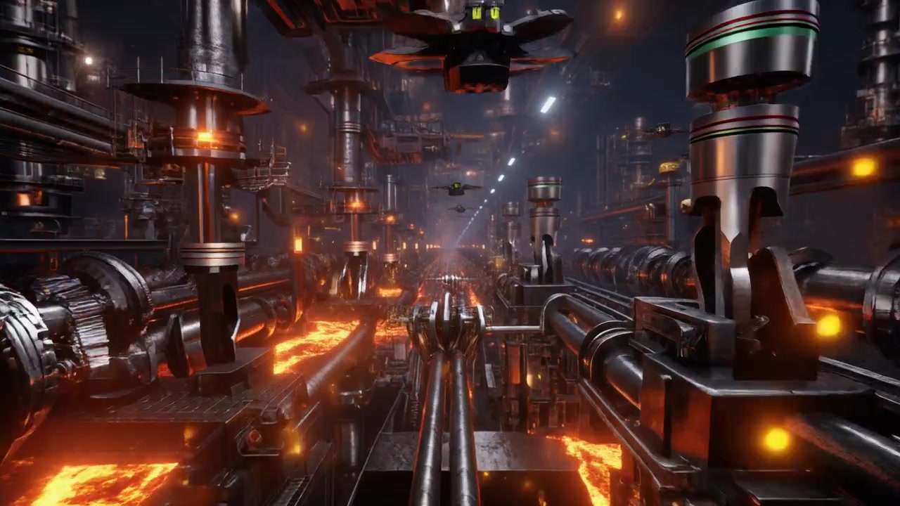 Futuristic Industrial Factory with Molten Metal and Flying Drones