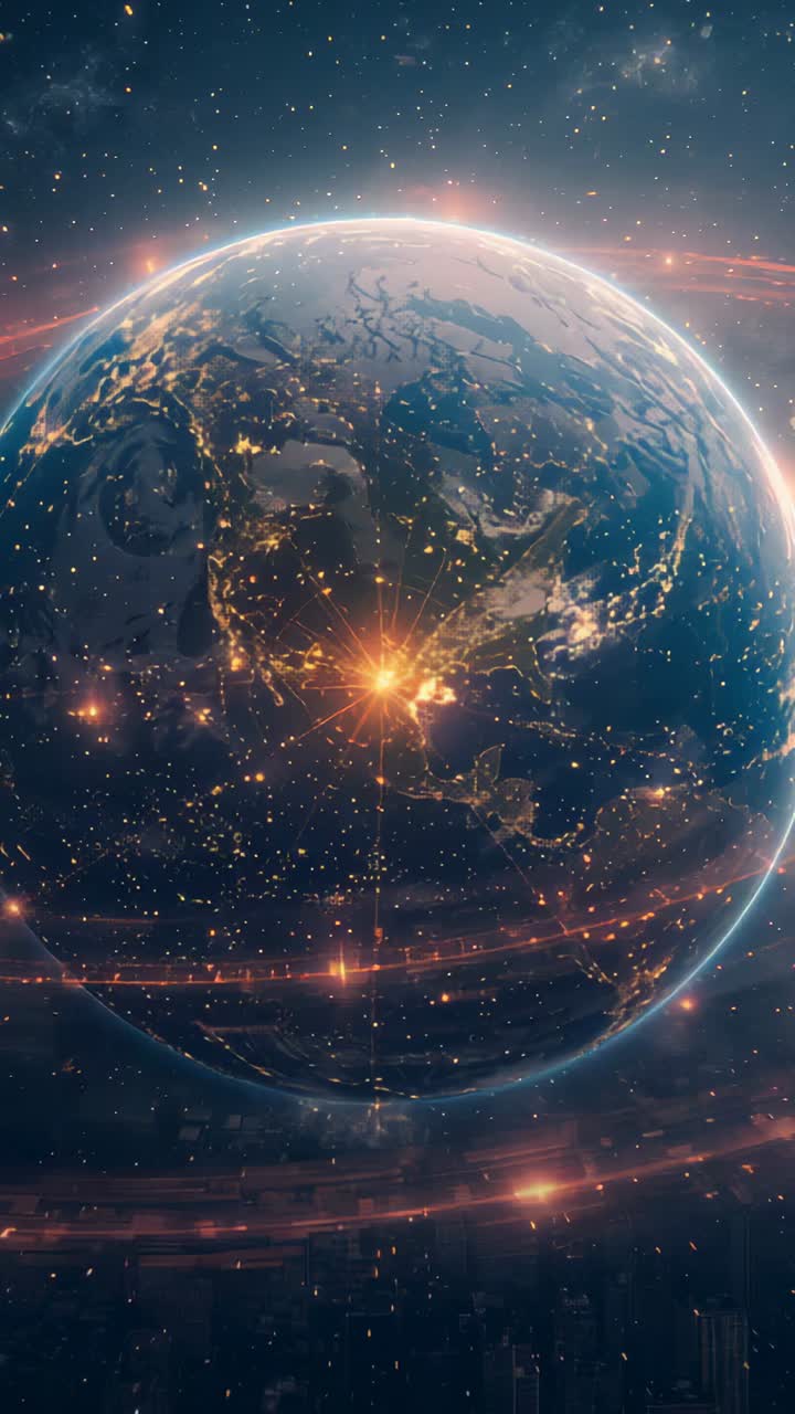 Vídeo vertical: Terra em órbita vista do espaço, flare aparecendo e anéis orbitando, conectando luzes da cidade